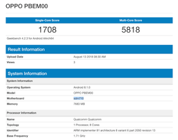 Построенный на SoC Snapdragon 710 cмартфон Oppo R17 Pro отметился в базе Geekbench