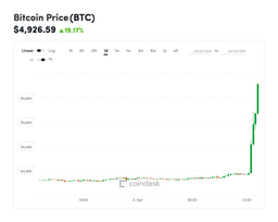 Курс Bitcoin неожиданно вырос на 20%, почти достигнув отметки в 5000 долларов