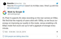 Google объяснила, почему Pixel 4 не поддерживает запись видео 4К с кадровой частотой 60 Гц