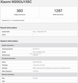  Redmi 10X все ближе к выпуску. Смартфон засветился в бенчмарке с 6 ГБ оперативной памяти