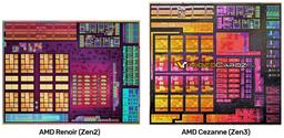 Кристаллы процессоров AMD Renoir (Zen2) и AMD Cezanne (Zen3) на одном изображении
