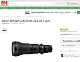 На сайте B&H появился объектив Nikon Nikkor Z 800mm f/6.3 VR S