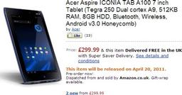 Названа цена и дата начала продаж семидюймового планшета Acer Iconia Tab A100
