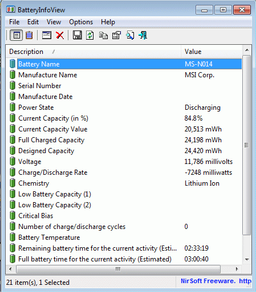 BatteryInfoView v.1.20 – утилита просмотра расширенной информацию о статусе и характеристиках батареи ноутбука