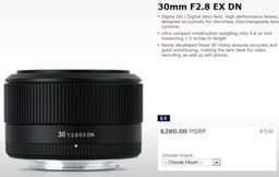 Объявлена цена объектива Sigma 30mm f/2.8 EX DN для беззеркальных камер