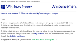 SkyDrive дарит 20 Гбайт пользователям Windows Phone
