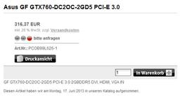 3D-карта Asus GeForce GTX 760 DirectCU II OC оценена в Европе в 316 евро