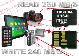 Карточка Toshiba microSD UHS-II объемом 64 ГБ демонстрирует скорости чтения и записи 260 МБ/с и 240 МБ/с соответственно