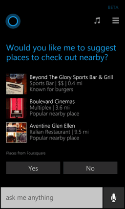 Среди новых возможностей Cortana появятся рекомендации от Foursquare
