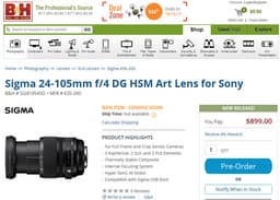 Поставки полнокадрового объектива Sigma Art 24-105mm F4 DG OS HSM в варианте для камер Sony начнутся до конца месяца