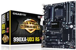 Системная плата Gigabyte 990XA-UD3 R5 с процессорным разъемом AMD AM3+ выполнена в типоразмере ATX