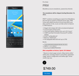 Утечка с сайта BlackBerry позволила узнать стоимость смартфона Priv. Она составит $750