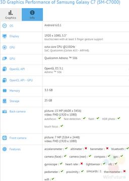 Спецификации смартфона Samsung Galaxy C7 подтверждены тестом GFXBench