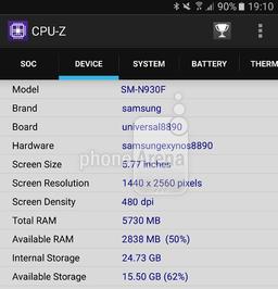 Характеристики смартфона Samsung Galaxy Note 6 перечислены на скриншоте CPU-Z
