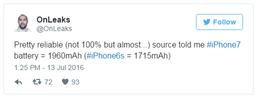 Емкость аккумулятора смартфона iPhone 7 должна составить 1960 мА•ч