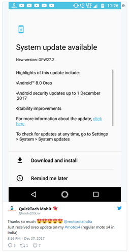 Смартфоны Motorola Moto X4 получили обновление Android Oreo