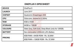 Основные спецификации смартфона OnePlus 5 появились накануне анонса; названа новая емкость аккумулятора
