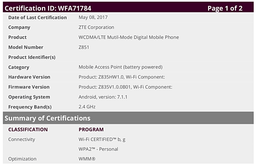 В базе данных WFA замечен смартфон ZTE Z851