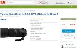 Стала известна цена объектива Tamron 100-400mm f/4.5-6.3 Di VC USD (Model A035)