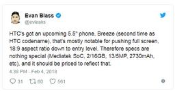 Бюджетный смартфон HTC Breeze получит дисплей с соотношением сторон 18:9 и 2 ГБ ОЗУ