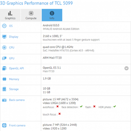 В базе данных GFXBench засветился смартфон Alcatel A3A XL с экраном 18:9