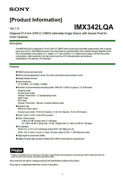 Появилась информация о датчике изображения Sony IMX342LQA формата APS-C