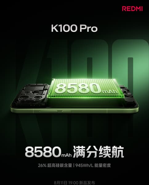 26% кремния, 8580 мА·ч, 100/50 Вт и 200 Мп. Xiaomi раскрыла ключевые характеристики Redmi K100 Pro