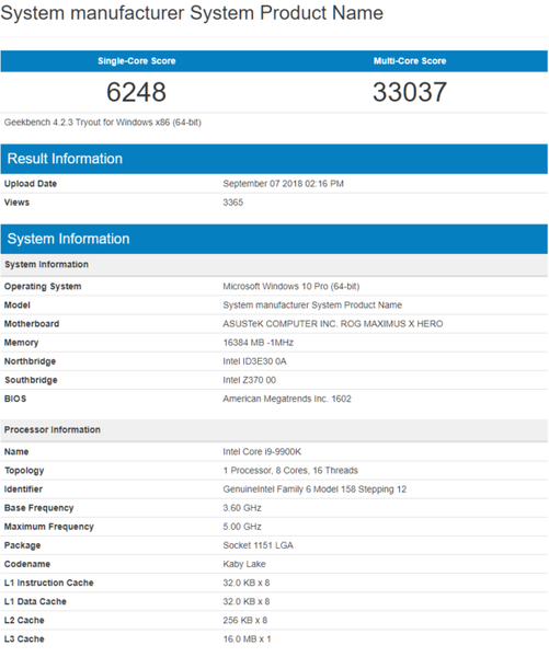 Восьмиядерный CPU Intel Core i9-9900K впечатляет производительностью в Geekbench