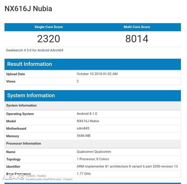 Смартфон ZTE Nubia NX616J на платформе Snapdragon 845 замечен в базе Geekbench, фото 1