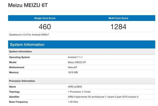 Смартфон Meizu M6T замечен в базе данных бенчмарка Geekbench