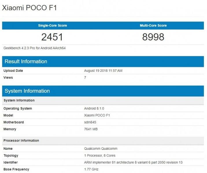 В тесте Geekbench замечен смартфон Xiaomi Pocophone F1 с 8 ГБ ОЗУ