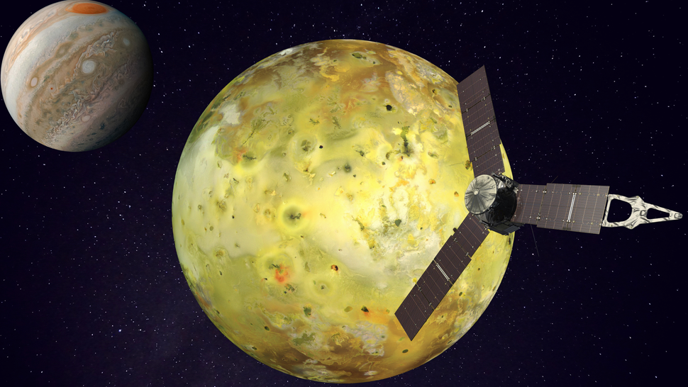 Juno, наблюдающий за Ио, на изображении художника. Источник: NASA / Robert Lea