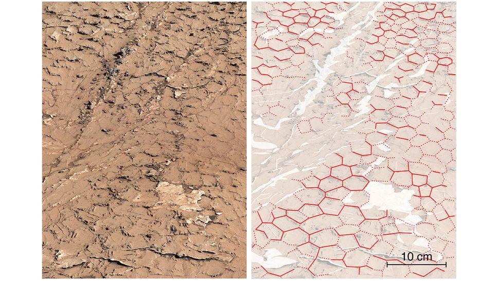 Крупный план панорамы, снятой камерой Mastcam марсохода Curiosity, показывает гексагональные узоры, обведённые красным на том