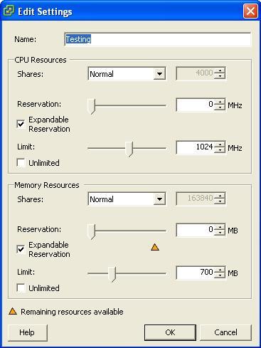 Ограничение ресурсов пула виртуальных машин на платформе VMware ESX Server