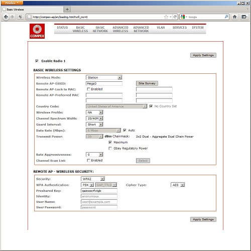 Настройки точки доступа COMPEX MMC543HVNX Настройки точки доступа COMPEX MMC543HVNX