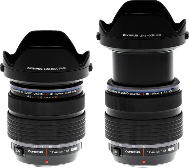 При зуммировании Olympus M.Zuiko Digital ED 12-40mm F2.8 Pro существенно удлиняется