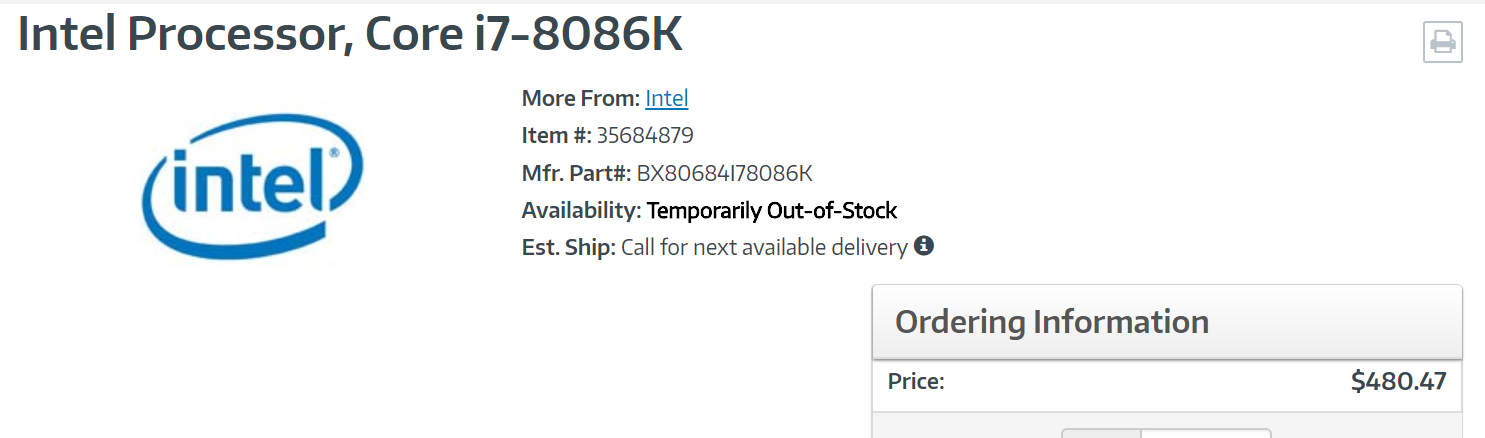 Юбилейный процессор Intel Core i7-8086K замечен в онлайновых магазинах