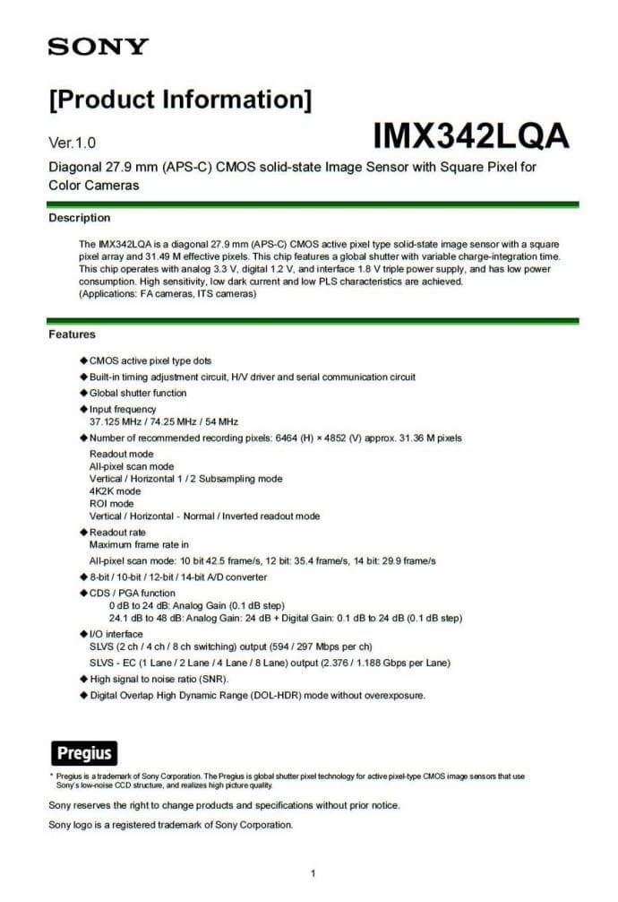 Появилась информация о датчике изображения Sony IMX342LQA формата APS-C