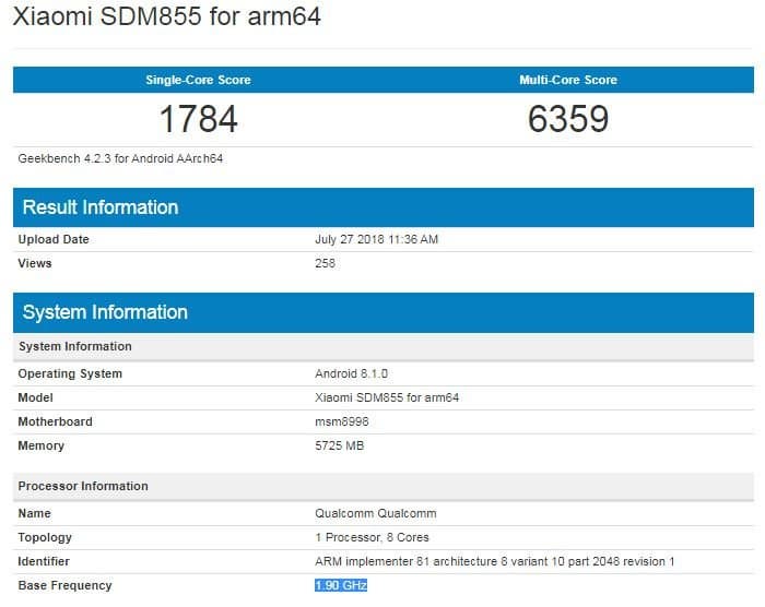 Смартфон Xiaomi на SoC Qualcomm Snapdragon 855 замечен в тесте Geekbench 