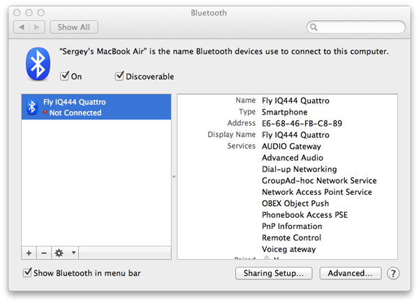 Профили Bluetooth Fly IQ444 Diamond 2 Профили Bluetooth