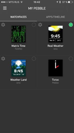 Скриншот смартфонного приложения Pebble TIme