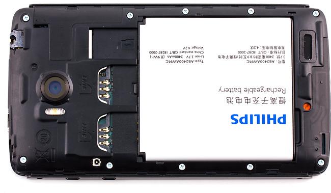 Аккумуляторный отсек Обзор Philips W732. Аккумуляторный отсек
