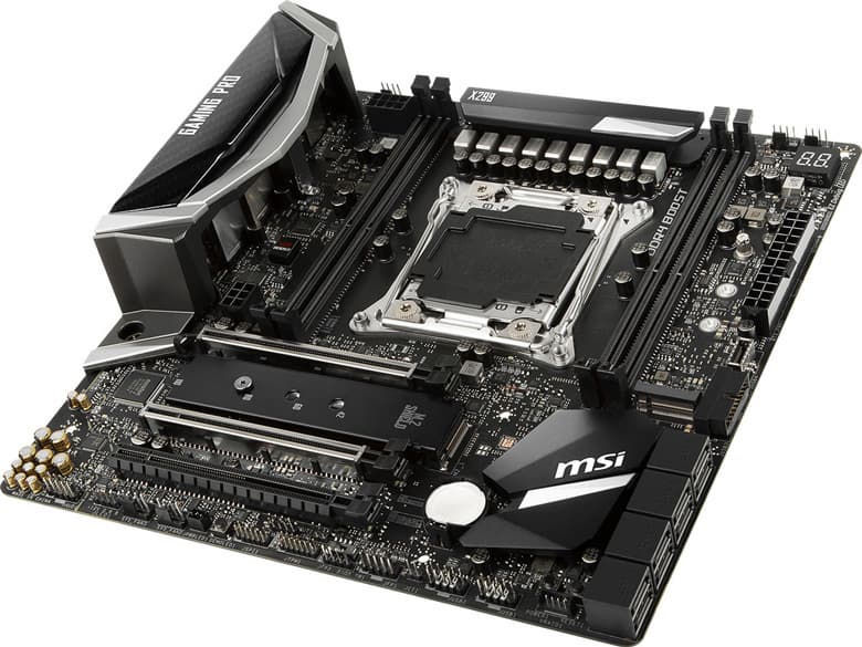 В оформлении MSI X299M Gaming Pro Carbon AC обращает на себя внимание сменный кожух панели ввода-вывода и система подсветки Mystic Light RGB