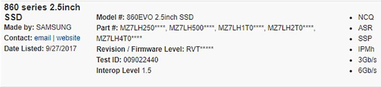 Твердотельные накопители Samsung 860 Evo замечены в базе данных SATA-IO