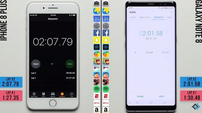 Смартфоны iPhone 8 Plus и Samsung Galaxy Note8 сравнили в скорости запуска приложений